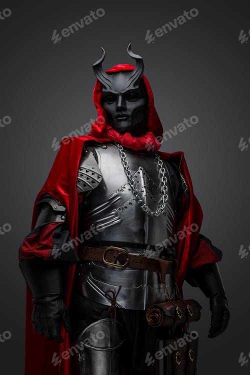 Preview: Mystic member of cult with black mask and red cloak