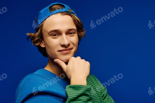 Preview: Fashion forward young man showcasing modern style against a vibrant blue backdrop