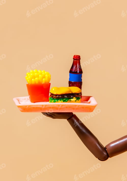 Preview: african-american female doll hand hold desk with fastfood