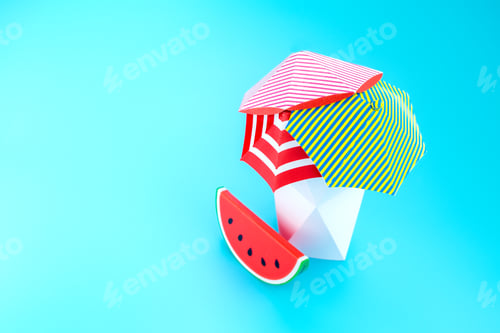 Preview: Beach umbrella with watermelon with polygon vase on blue