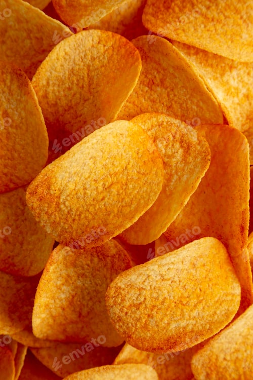 Preview: Hot Spicy Potato Chips, top view. Flat lay, overhead, from above.