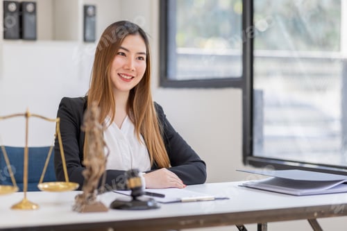 Preview: Portrait of young Asian female Lawyer or attorney working workplace office, Law, legal services,