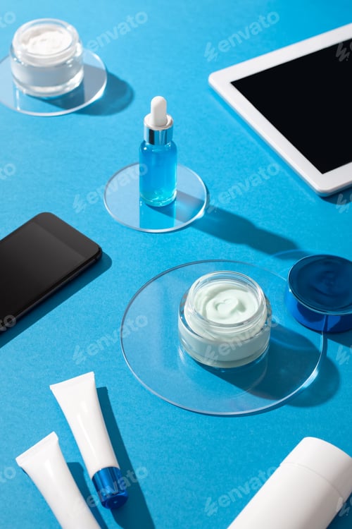 Preview: Skin care cosmetics protecting from gadgets blue light on blue background