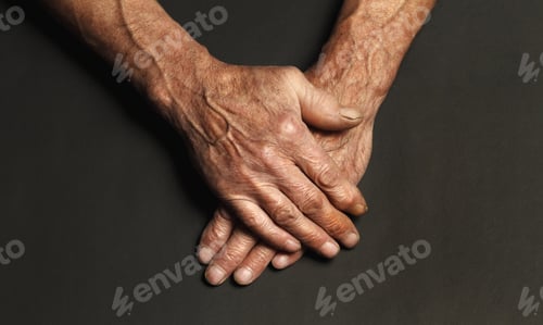Preview: Wrinkled hands of an elderly man on a table close-up on a black