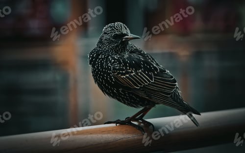 Preview: Grey Starling Bird is perched on a railing, surveying the horizon against a bright blue sky in UK