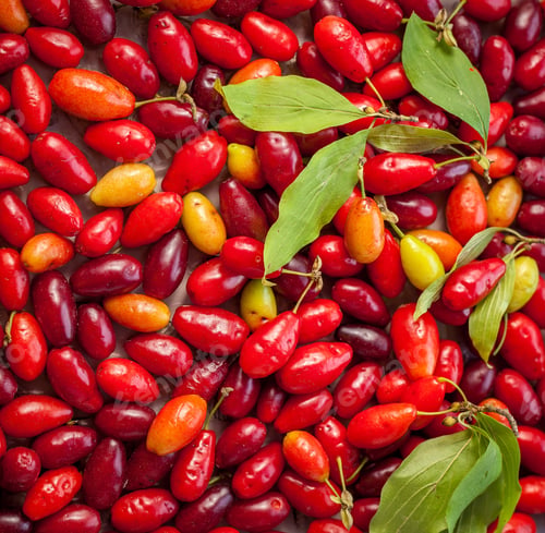 Preview: Dogwood fruits. Harvest of red berries. Leaf and berry dogwood. Useful berry.