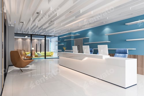 Preview: 3d rendering modern luxury hotel and office reception and lounge with blue decor