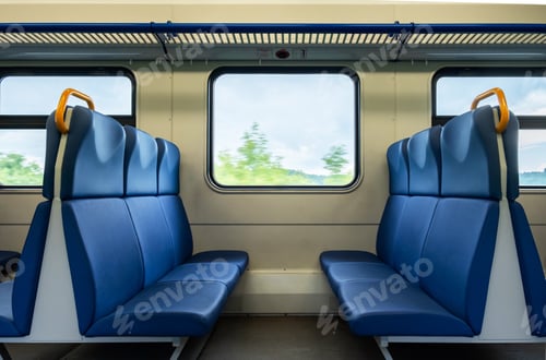 Preview: Empty seats in the passenger train cabin.