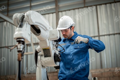 Preview: Engineer factory industry wearing safety uniform work and checking system of the welding robots for