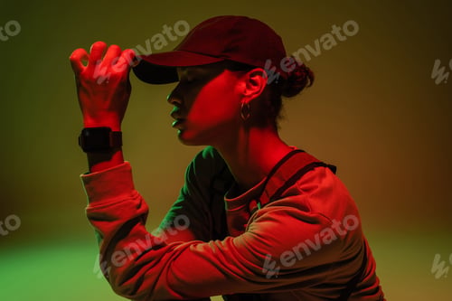 Preview: side view of african american woman in sweatshirt adjusting baseball cap on green with red light
