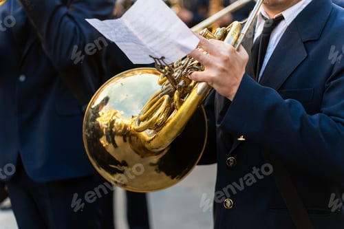 Preview: Band musicians with their instruments on the street. Typical music bands in Spain.