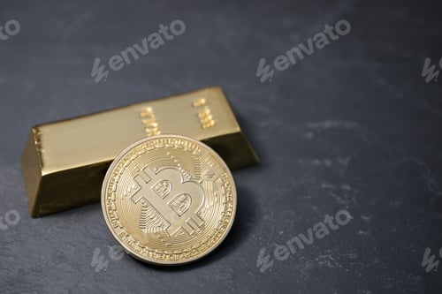 Preview: Cryptocurrency. One golden bitcoin and gold bar on black table, closeup. Space for text