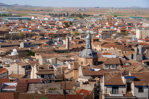 Preview: Aerial view with Christ of Veracruz Church and Plaza de Espana Square - Consuegra, Spain