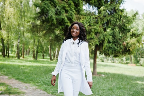 Preview: Portrait of stylish black african american girl stay on green park