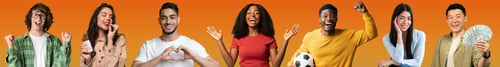 Preview: Happy multiracial people grimacing and gesturing on orange, collage
