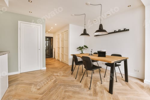 Preview: Studio apartment interior with wooden furniture