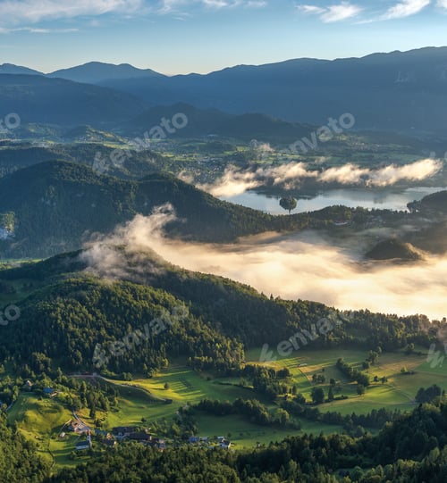 Preview: Village and countryside on a misty morning