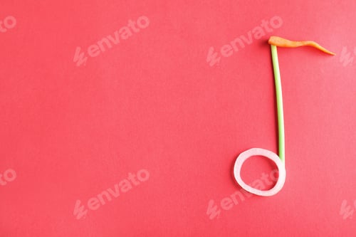 Preview: Musical note made of vegetables on color background, top view. Space for text