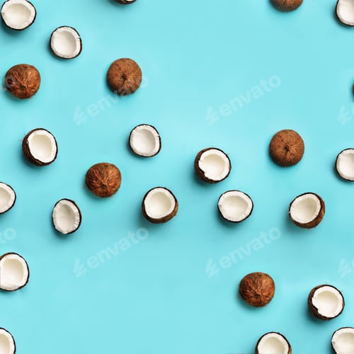 Preview: Pattern with ripe coconuts on blue background. Square crop. Top View. Copy Space. Pop art design