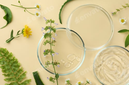 Preview: Flat lay composition with Petri dishes and plants on beige background