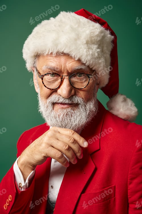 Preview: classy jolly Santa with red hat and glasses looking at camera with hand under chin, winter concept