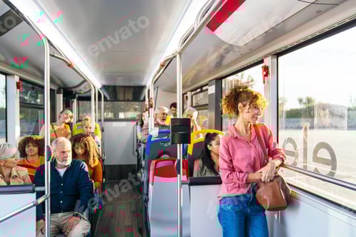 Preview: Diverse passengers traveling inside a modern city bus