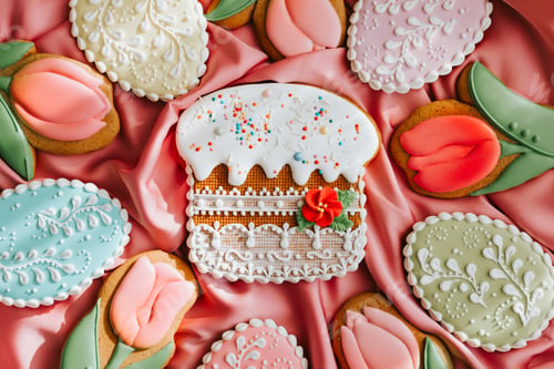 Preview: background banner greeting card for Happy Easter with set colorful eggs, Easter cake gingerbread coo