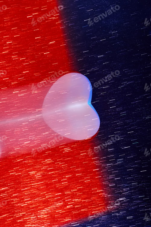 Preview: Abstract photography of defocused pink heart flying as comet on red and blue glittering background.