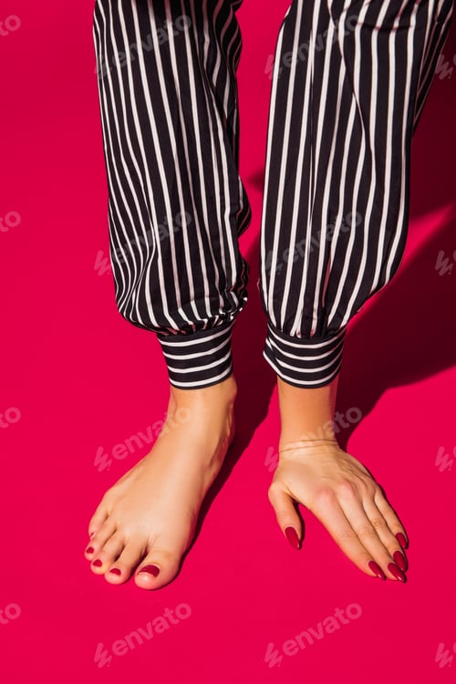 Preview: Bright fashionable hand and leg working up daily things together. Modern artwork, contemporary art