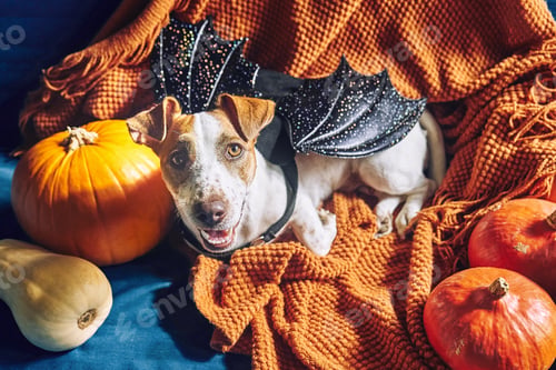Preview: Jack Russell Terrier dog wearing bat wings sitting on orange blanket amongst Halloween pumpkins.
