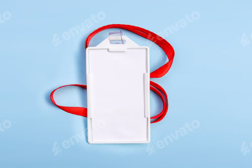 Preview: Blank White Plastic ID Card Holder With A Red Lanyard Isolated On Light Blue Background