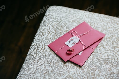 Preview: Wedding rings lying on pink invitation card. Wedding preparations and decorations