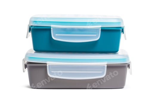 Preview: Storage containers in blue and gray stacked on a white surface for convenient organization