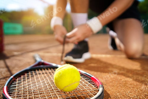 Preview: Tennis player tying his shoelaces. Selective focus on the ball and racket