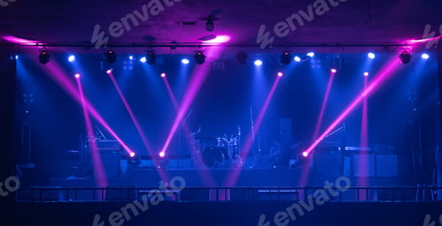 Preview: Empty stage concert with lighting laser beam spotlight show in disco pub club bar for party music