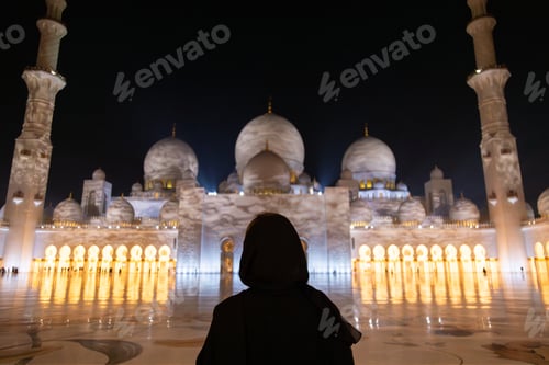 Vorschau: Frau in einer schwarzen Abaya steht vor der Großen Moschee von Sheikh Zayed