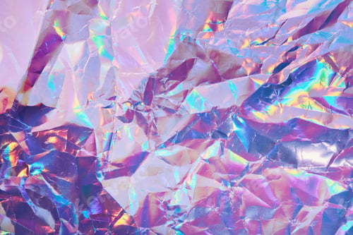 Preview: Iridescent holographic textural Background. Wrinkled folded paper or foil with iridescent highlights