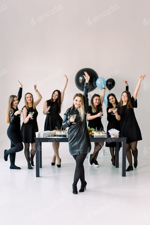Preview: Pretty seven beautiful stylish women in elegant casual black outfit celebrating new year, birthday