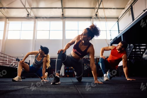 Preview: Group of athletic people doing stretching exercises while working out in a gym.