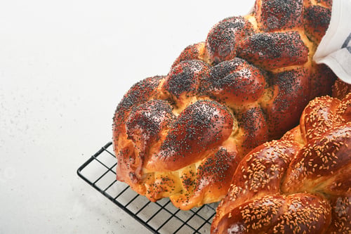 Preview: Challah bread. Sabbath kiddush ceremony composition. Freshly traditional baked homemade braided chal