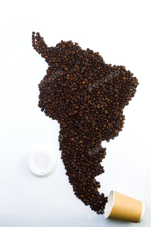 Preview: Grains of black coffee in the form of the mainland on a white background
