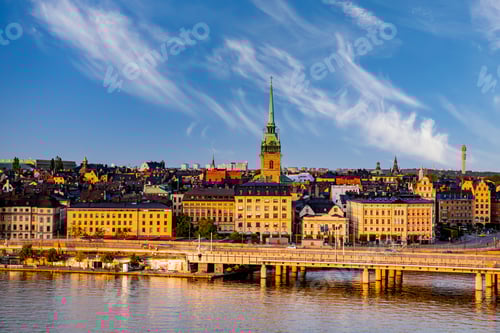Preview: Scenic panoramic view of Gamla Stan, Stockholm at sunset, capital of Sweden