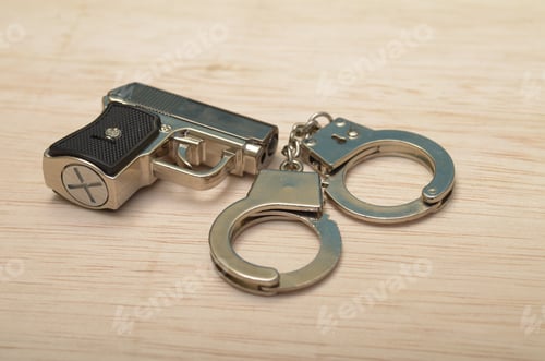 Preview: Miniature Handgun and Handcuffs: Symbols of Law and Crime