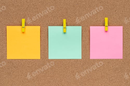 Preview: Three multicolor sticky notes on cork bulletin board, reminder important information