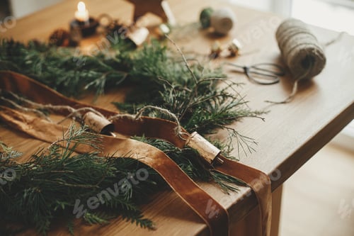 Preview: Christmas stylish wreath. Christmas wreath with red bow, cedar branches, vintage bells