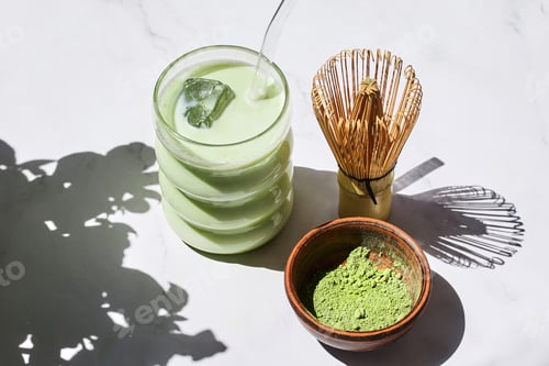 Preview: Iced Matcha Refreshment. Refreshing iced matcha drinks with a bamboo whisk and matcha powder