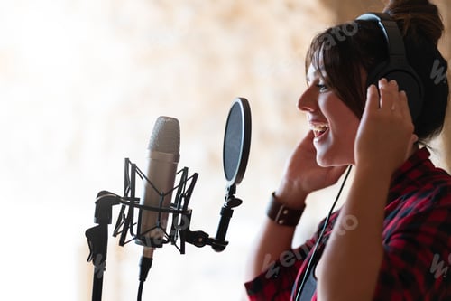 Vista previa: Mujer cantante profesional grabando una canción en un estudio