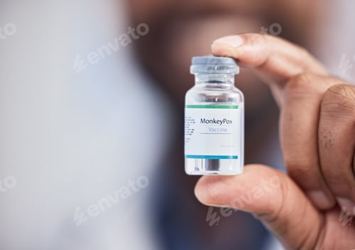 Preview: Monkeypox vaccine, healthcare and hands of doctor nurse with medicine bottle, vial or booster for d