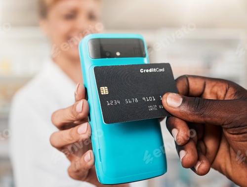 Preview: Pharmacist, hands and credit card with pos, customer or smile for discount, commerce or healthcare.