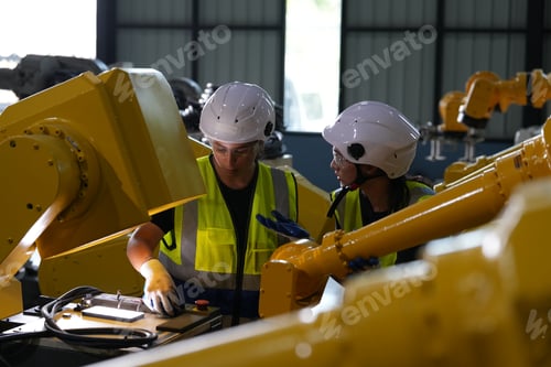 Preview: Robotics engineer working on maintenance of robotic arm in factory warehouse. Business technology.